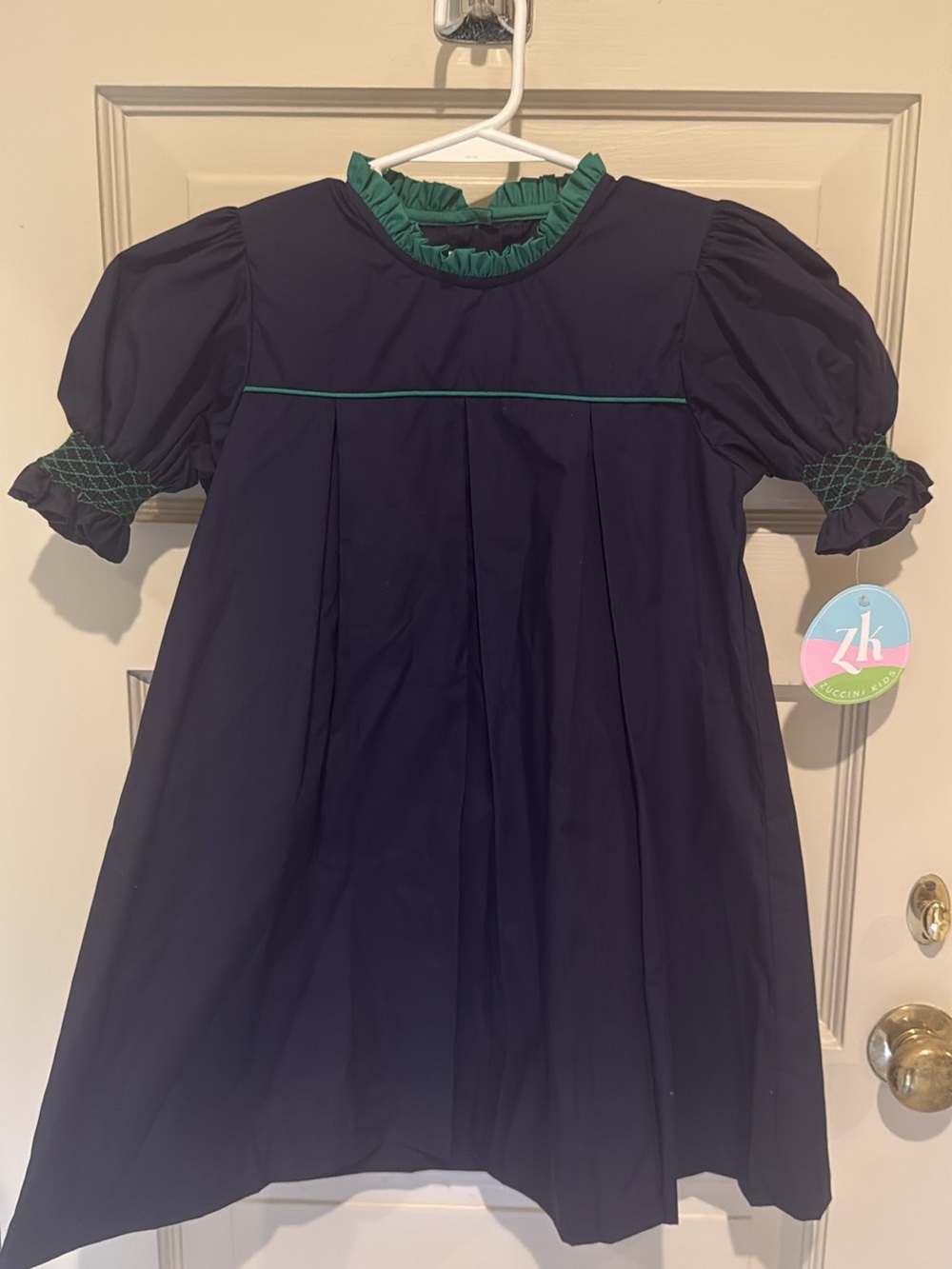 Classic Navy & Green Puff-Sleeve Kids Dress